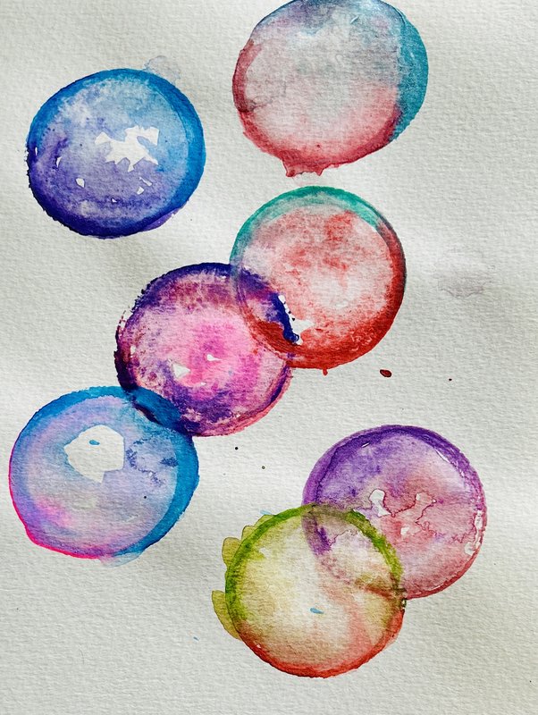 Watercolour exercise: overlapping circles in blue, violet and red