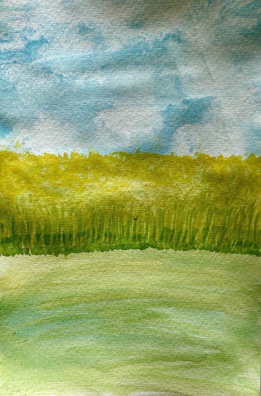 Watercolour landscape: green reeds beneath a wide open sky