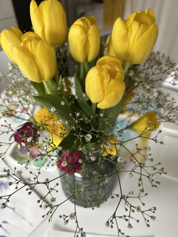 Bouquet of yellow tulips with baby's breath in a mason jar, colourful watercolour sheets in the background